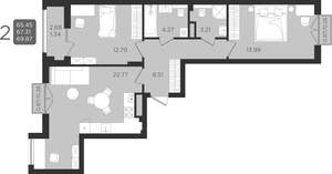 2-к квартира, строящийся дом, 67м2, 9/9 этаж