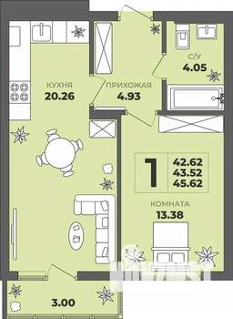 1-к квартира, строящийся дом, 44м2, 6/8 этаж