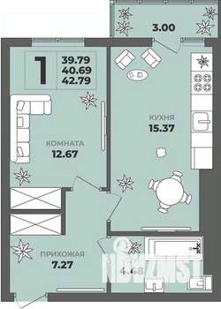 1-к квартира, строящийся дом, 41м2, 8/8 этаж