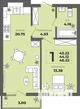 1-к квартира, строящийся дом, 44м2, 1/8 этаж