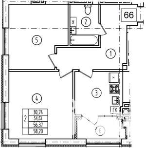 2-к квартира, вторичка, 56м2, 1/9 этаж