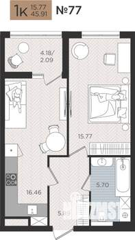 1-к квартира, строящийся дом, 46м2, 3/9 этаж
