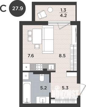 1-к квартира, вторичка, 28м2, 1/9 этаж