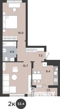 2-к квартира, вторичка, 53м2, 9/9 этаж
