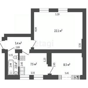 2-к квартира, вторичка, 44м2, 1/5 этаж
