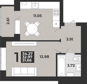 1-к квартира, вторичка, 34м2, 1/9 этаж