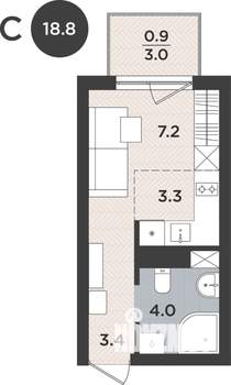 1-к квартира, вторичка, 19м2, 2/9 этаж