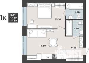 1-к квартира, строящийся дом, 48м2, 1/9 этаж