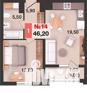 1-к квартира, вторичка, 46м2, 3/15 этаж