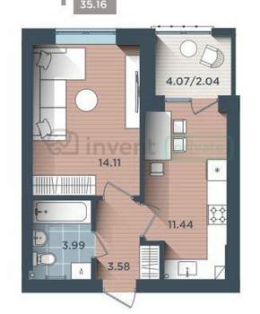 1-к квартира, вторичка, 35м2, 1/4 этаж
