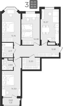 3-к квартира, строящийся дом, 86м2, 6/9 этаж