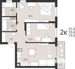 2-к квартира, вторичка, 70м2, 2/9 этаж