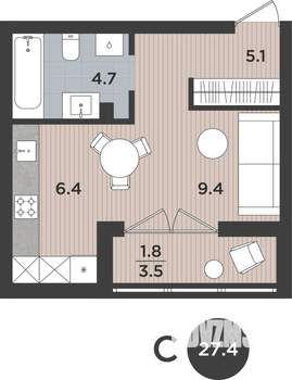 1-к квартира, вторичка, 27м2, 1/9 этаж