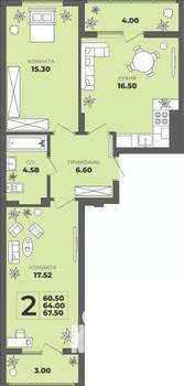 2-к квартира, строящийся дом, 64м2, 1/8 этаж