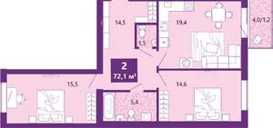 2-к квартира, вторичка, 72м2, 4/4 этаж
