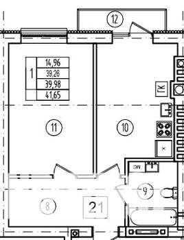 1-к квартира, строящийся дом, 40м2, 3/9 этаж