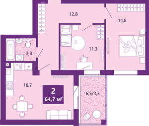 2-к квартира, сданный дом, 65м2, 2/4 этаж