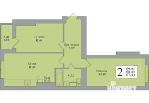 2-к квартира, строящийся дом, 60м2, 1/8 этаж