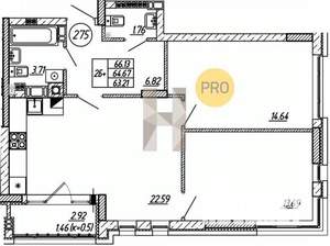 2-к квартира, вторичка, 64м2, 5/9 этаж
