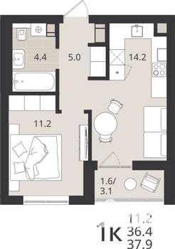1-к квартира, вторичка, 36м2, 8/9 этаж