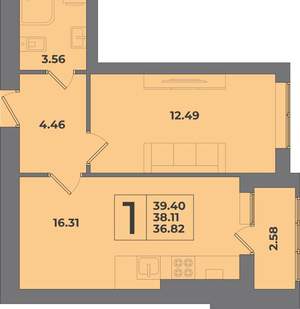 1-к квартира, вторичка, 39м2, 1/8 этаж