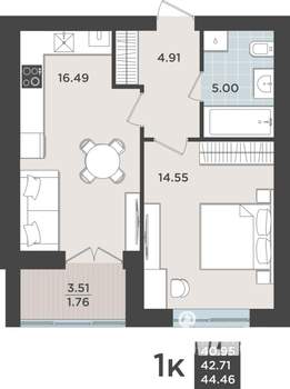 1-к квартира, строящийся дом, 43м2, 4/10 этаж