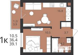 1-к квартира, вторичка, 36м2, 1/9 этаж