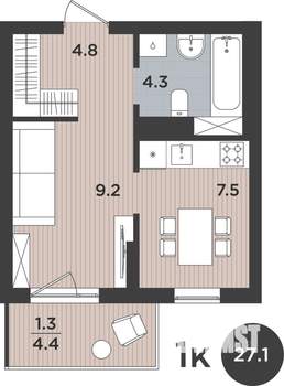 1-к квартира, вторичка, 27м2, 5/9 этаж