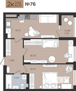 2-к квартира, вторичка, 62м2, 5/10 этаж