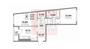 2-к квартира, вторичка, 55м2, 8/10 этаж