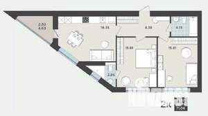 2-к квартира, строящийся дом, 69м2, 5/9 этаж