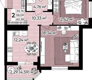 2-к квартира, вторичка, 60м2, 6/10 этаж