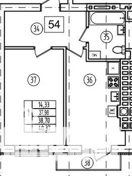 1-к квартира, строящийся дом, 39м2, 8/9 этаж