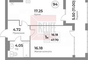 1-к квартира, строящийся дом, 48м2, 2/7 этаж