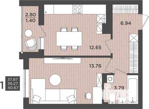 1-к квартира, строящийся дом, 39м2, 9/9 этаж