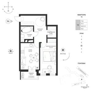 1-к квартира, вторичка, 53м2, 4/7 этаж