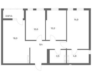 3-к квартира, строящийся дом, 72м2, 8/18 этаж
