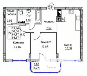 2-к квартира, вторичка, 59м2, 4/9 этаж