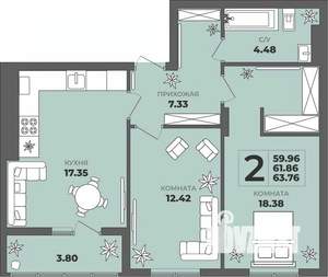 2-к квартира, вторичка, 62м2, 3/8 этаж