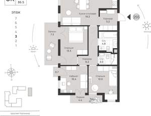 3-к квартира, вторичка, 87м2, 3/7 этаж