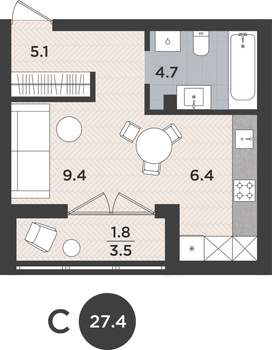 1-к квартира, вторичка, 27м2, 1/9 этаж