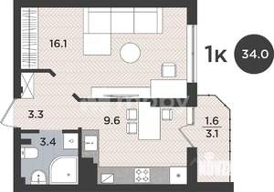 1-к квартира, вторичка, 34м2, 8/9 этаж