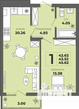 1-к квартира, строящийся дом, 44м2, 7/8 этаж