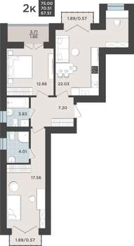2-к квартира, строящийся дом, 71м2, 10/10 этаж