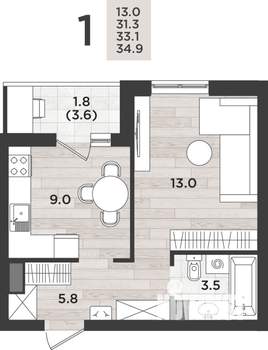 1-к квартира, вторичка, 33м2, 3/12 этаж