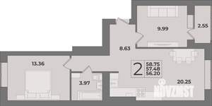 2-к квартира, вторичка, 59м2, 1/9 этаж