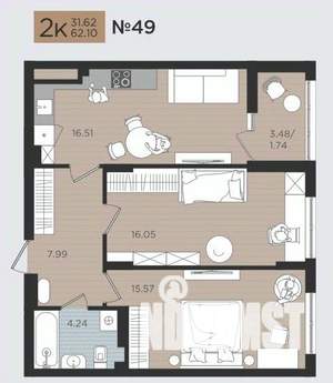 2-к квартира, строящийся дом, 62м2, 10/10 этаж