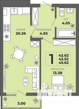 1-к квартира, строящийся дом, 44м2, 6/8 этаж