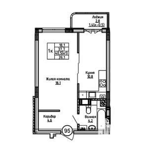 1-к квартира, вторичка, 39м2, 2/9 этаж