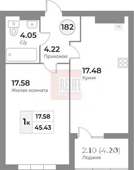 1-к квартира, строящийся дом, 45м2, 3/7 этаж